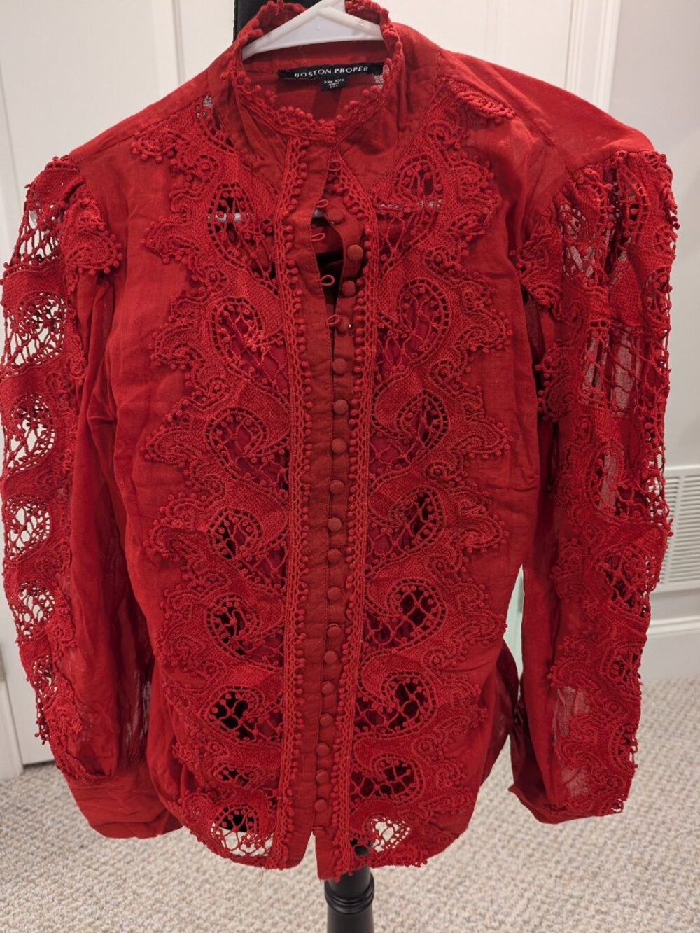 BOSTON PROPER Lace Inset Drama Sleeve Top Dark Red Sz XXS